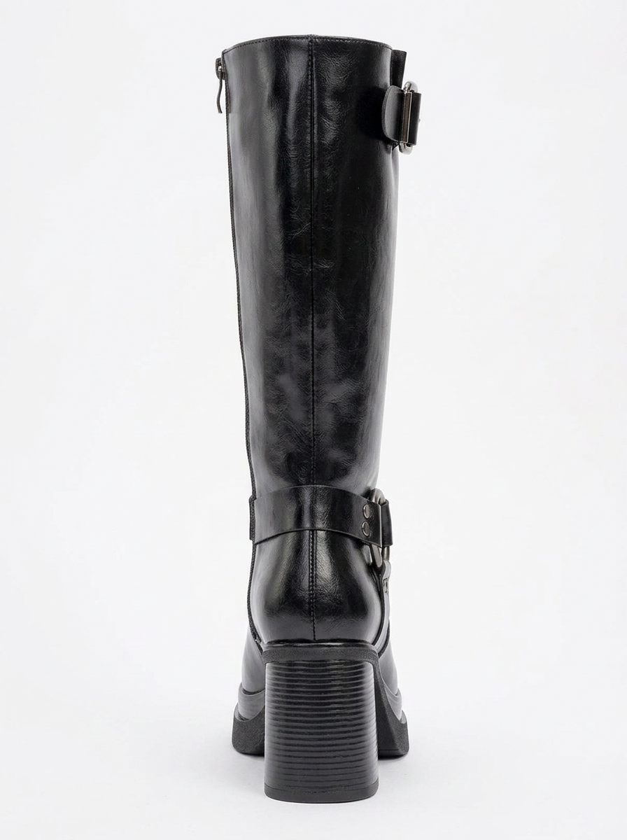 Rock - Bota de tacón en bloque con cremallera y hebilla negra (Mujer)