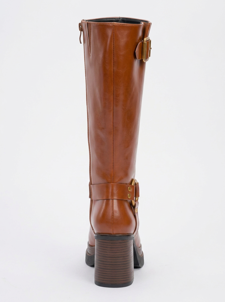 Rock - Bota con tacón de bloque, cremallera y hebilla de coñac (Mujer)