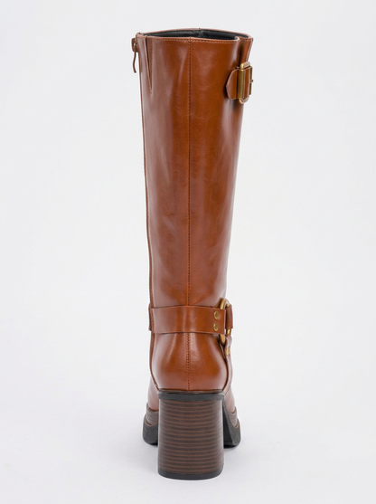 Rock - Bota con tacón de bloque, cremallera y hebilla de coñac (Mujer)