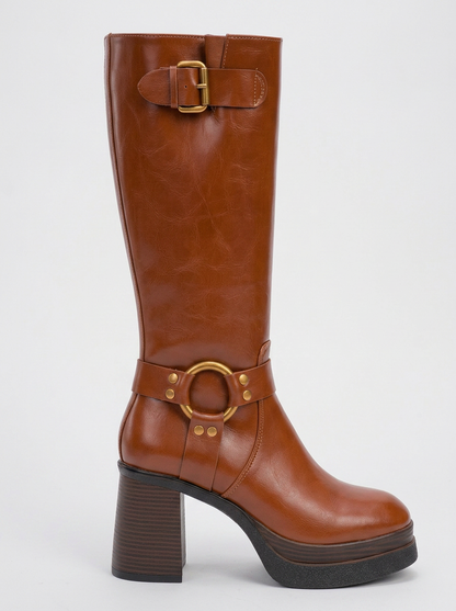 Rock - Bota con tacón de bloque, cremallera y hebilla de coñac (Mujer)
