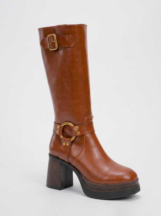 Rock - Cognac Buckle Zip Block Heel Boot (Women)