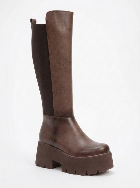 Solo - Brown Elastic Platform Heel Boot (Women)