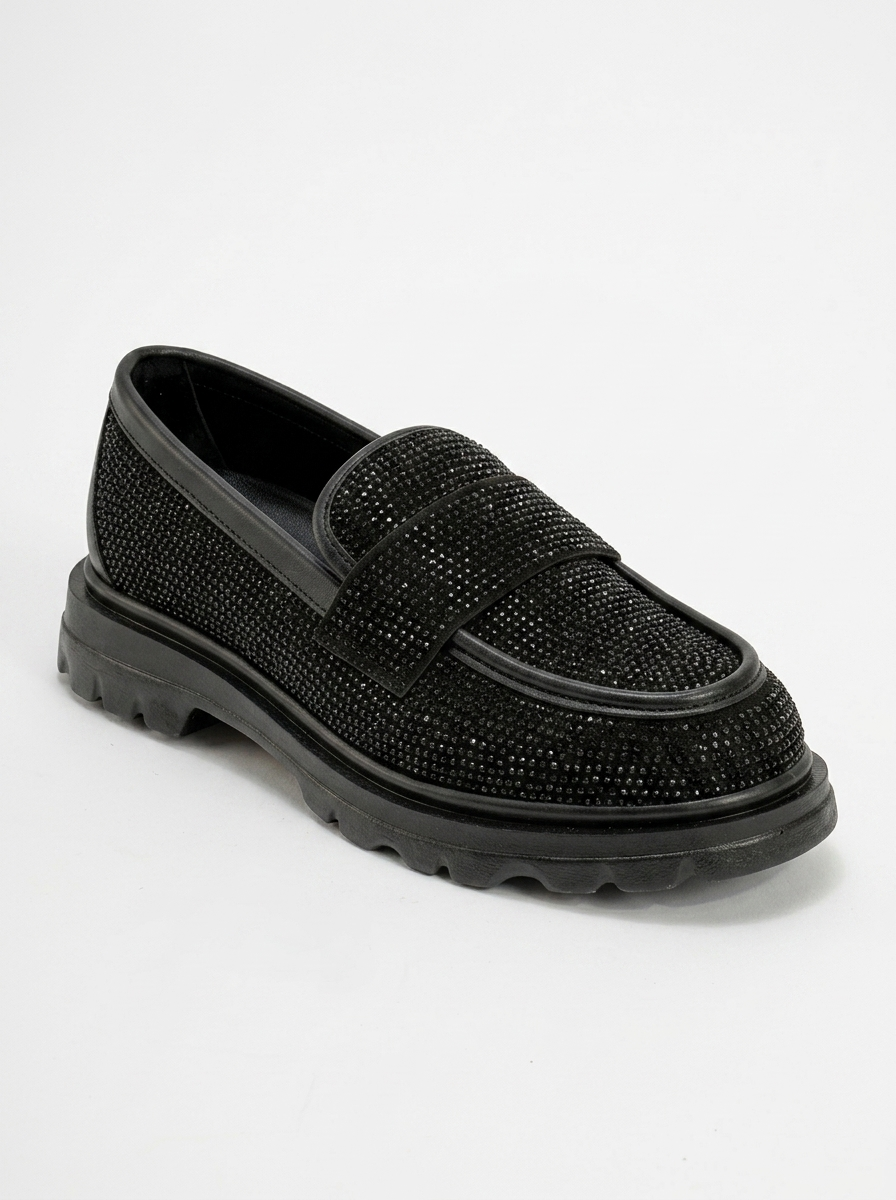 Babel Black Stone Embellished Suede Loafer (Women)