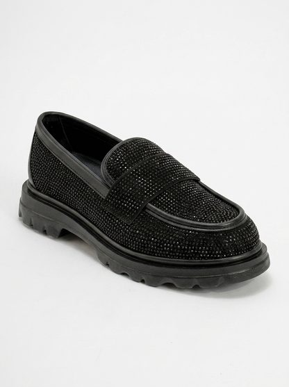 Babel Black Stone Embellished Suede Loafer (Women)