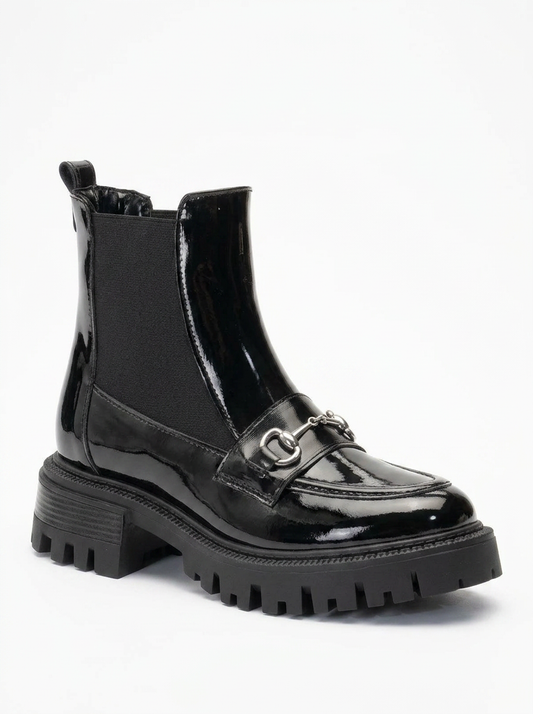 Vesper Black Patent Buckled Chelsea Boot (Women)