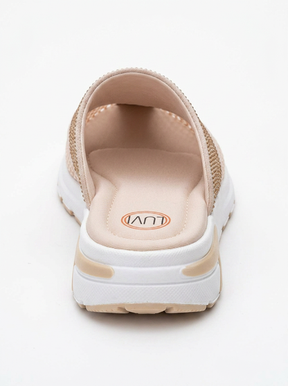 GLEA Beige Mesh Rhinestone Mules (Women)