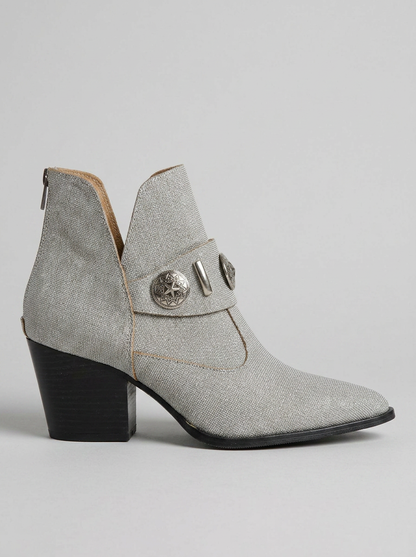 Kenda Silver Glitter Buckle Block Heel Boot (Women)