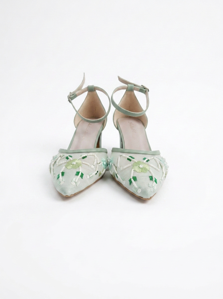Lorelai Sage Green Embroidered Mesh Bridal Pumps