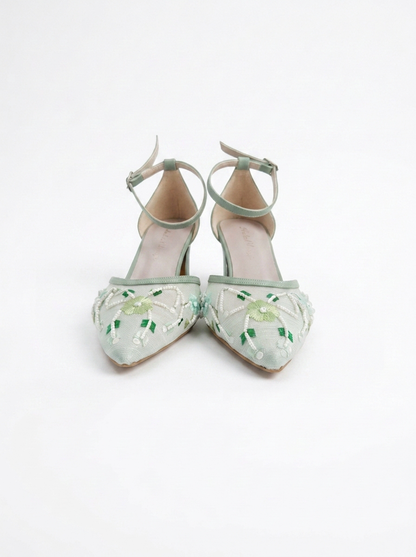 Lorelai Sage Green Embroidered Mesh Bridal Pumps