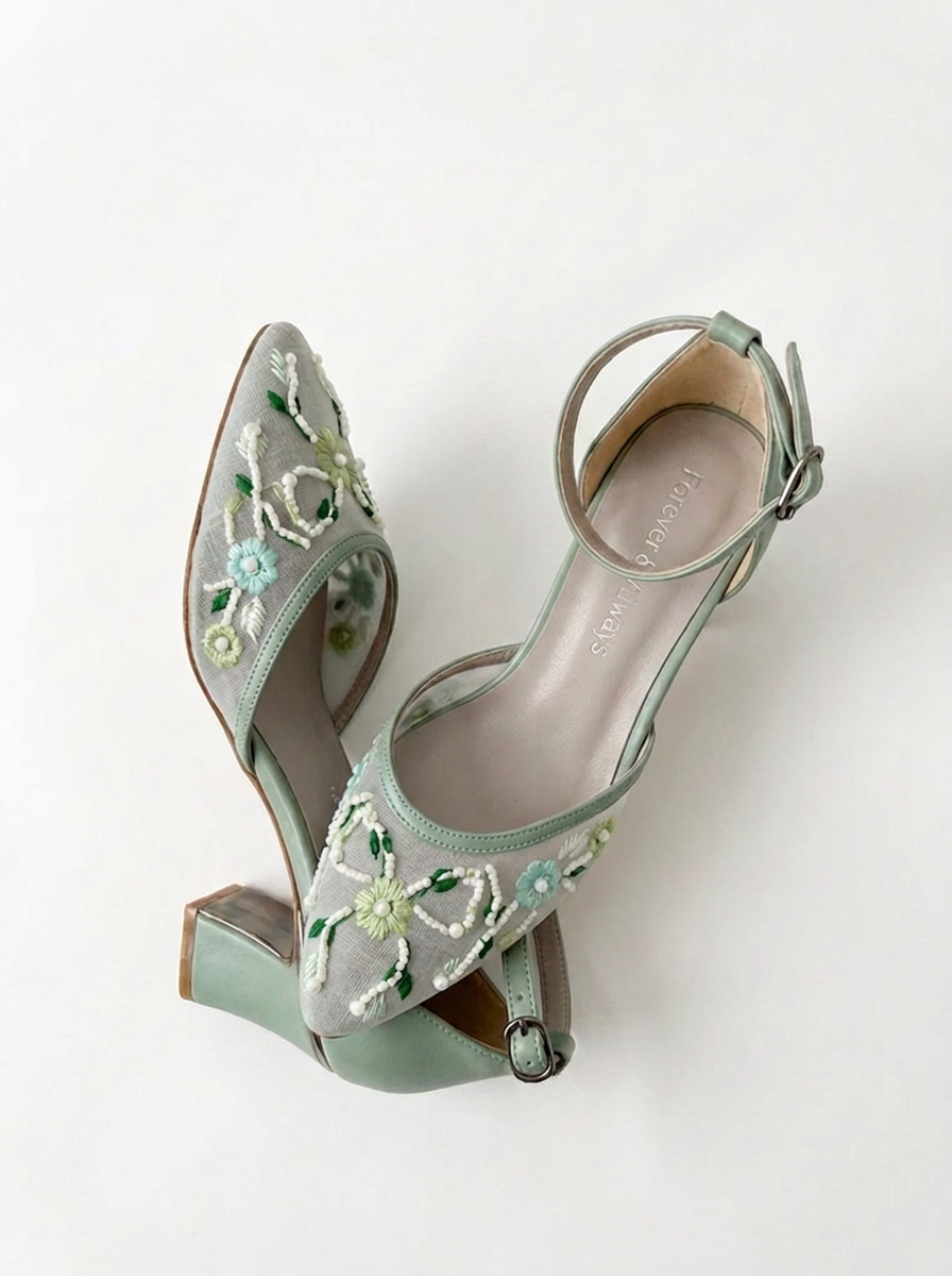 Lorelai Sage Green Embroidered Mesh Bridal Pumps