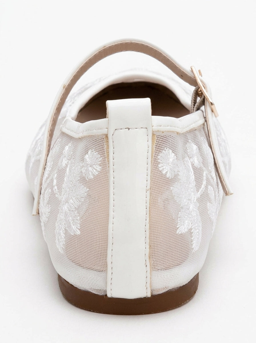 Bailarina plana Juny de malla blanca con bordado floral (Mujer)