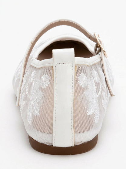 Bailarina plana Juny de malla blanca con bordado floral (Mujer)