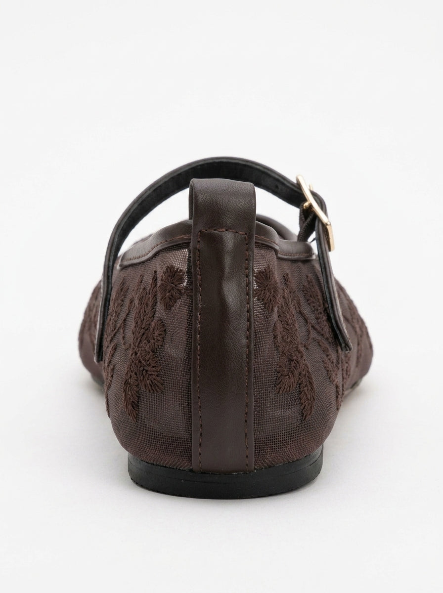 Bailarinas planas Juny de malla marrón con bordado floral (mujer)