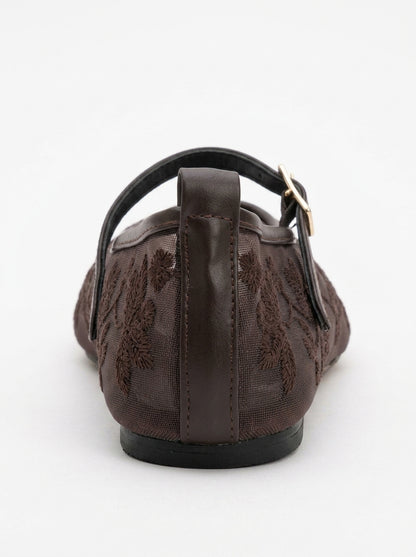 Bailarinas planas Juny de malla marrón con bordado floral (mujer)