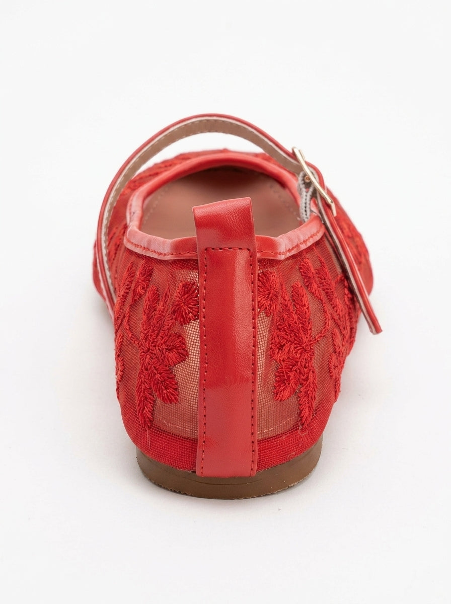 Bailarinas planas Juny de malla roja con bordado floral (Mujer)