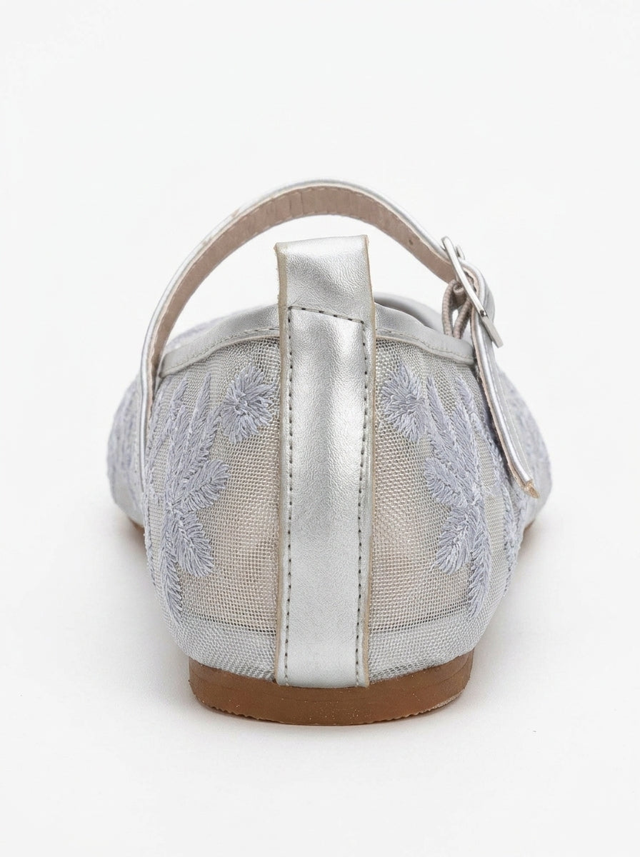 Bailarinas planas Juny con bordado floral de malla gris (Mujer)