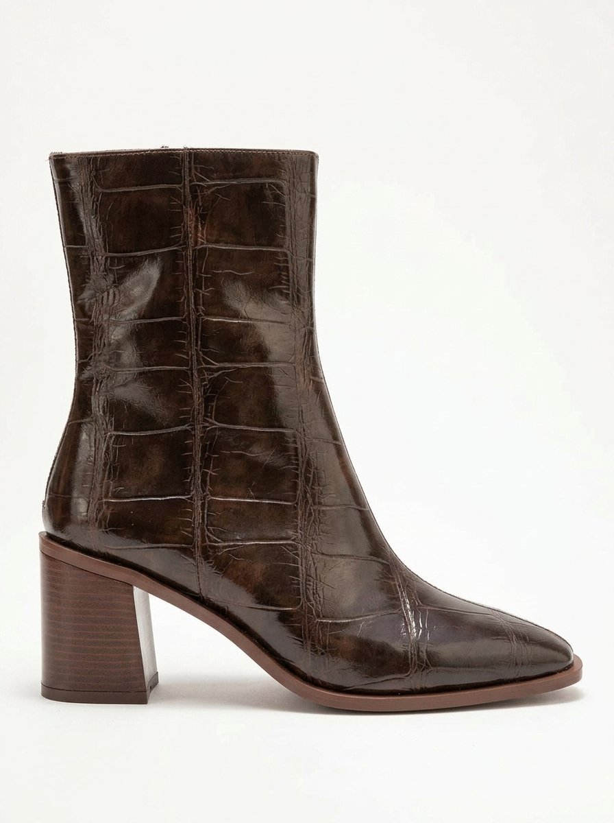 Chara - Bota de tacón de bloque estampado en marrón (Mujer)