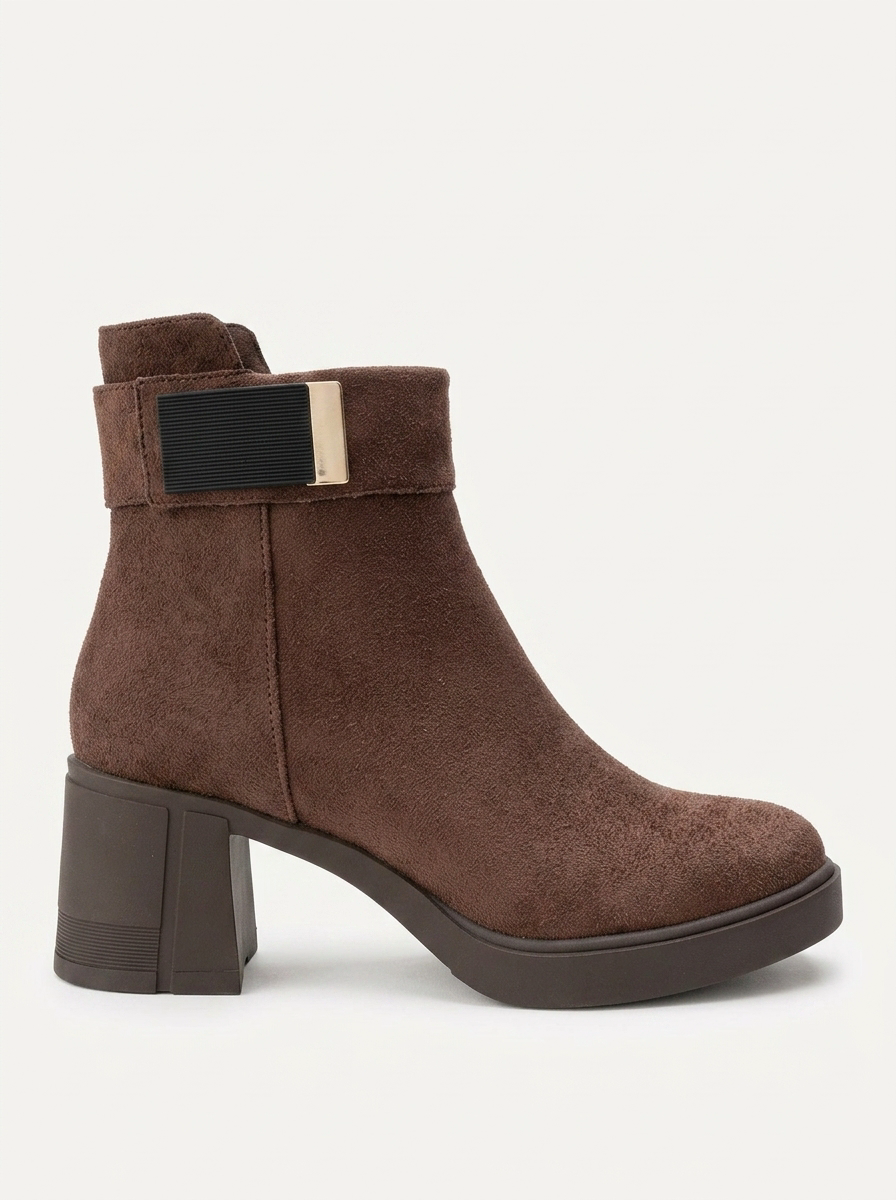 RASHE - Bota de tacón de bloque con cremallera en gamuza marrón (Mujer)