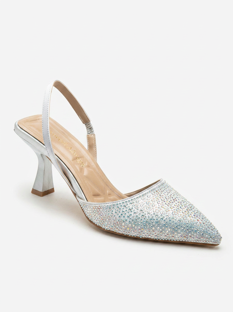 Rae - Silver Rhinestone Slingback Kitten Heels