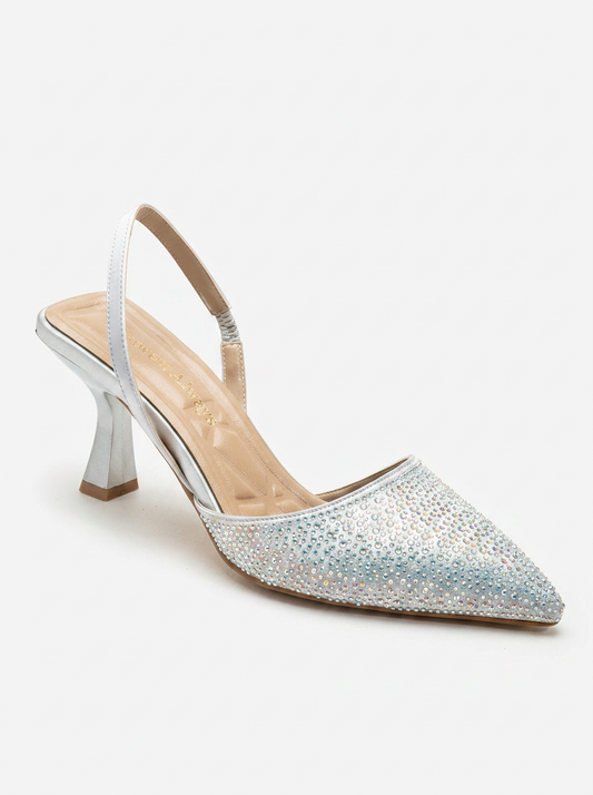 Rae - Silver Rhinestone Slingback Kitten Heels