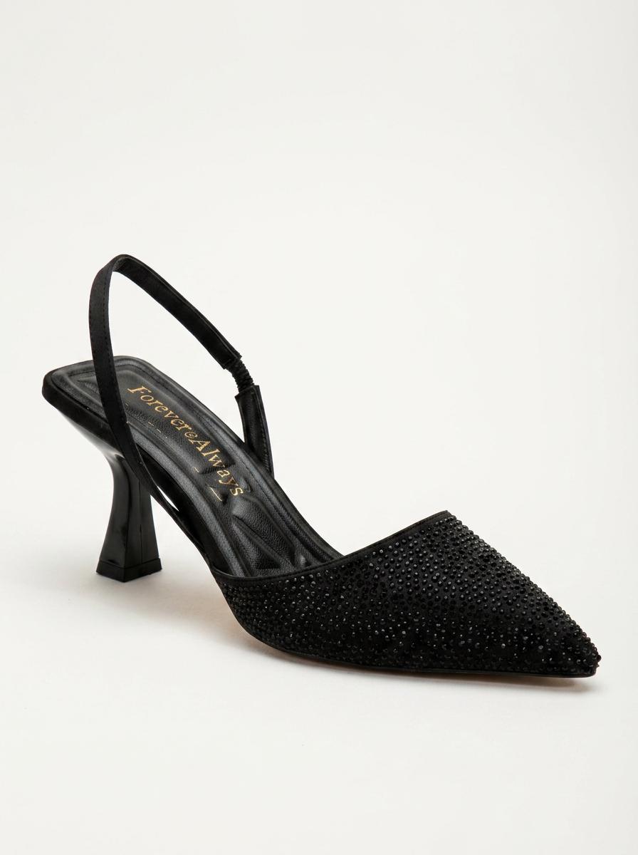 Rae - Black Rhinestone Slingback Kitten Heels