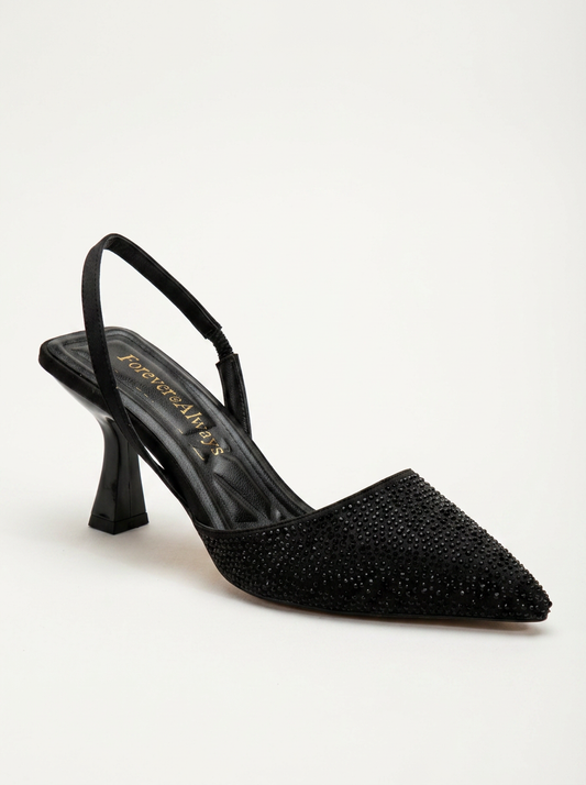 Rae - Black Rhinestone Slingback Kitten Heels