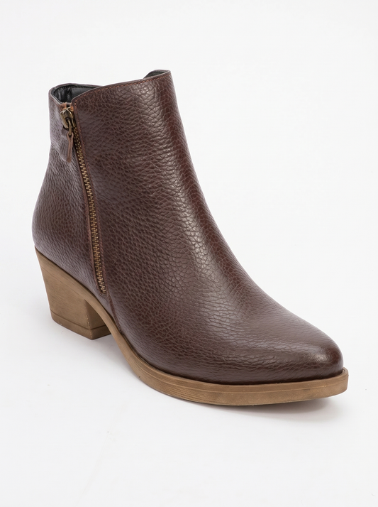 JAYER Brown Leather Double-Zip Block Heel Boot (Women)