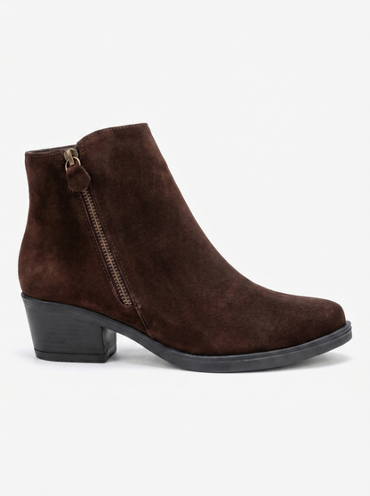 JAYER Brown Suede Leather Double-Zip Block Heel Boot (Women)