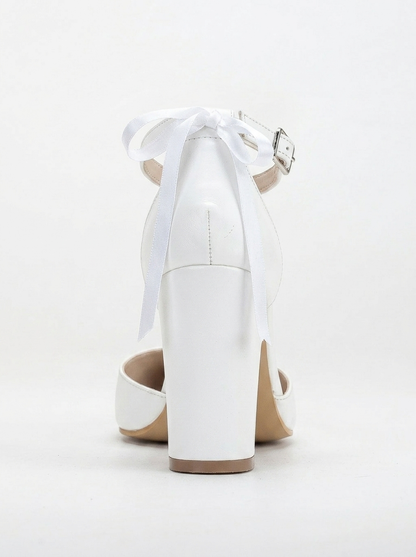 Jolie - White Wedding Heels with Ribbon