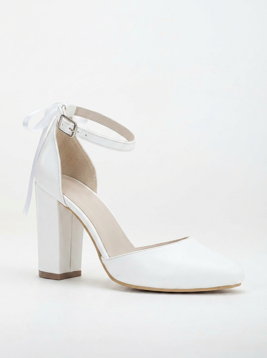 Jolie - White Wedding Heels with Ribbon