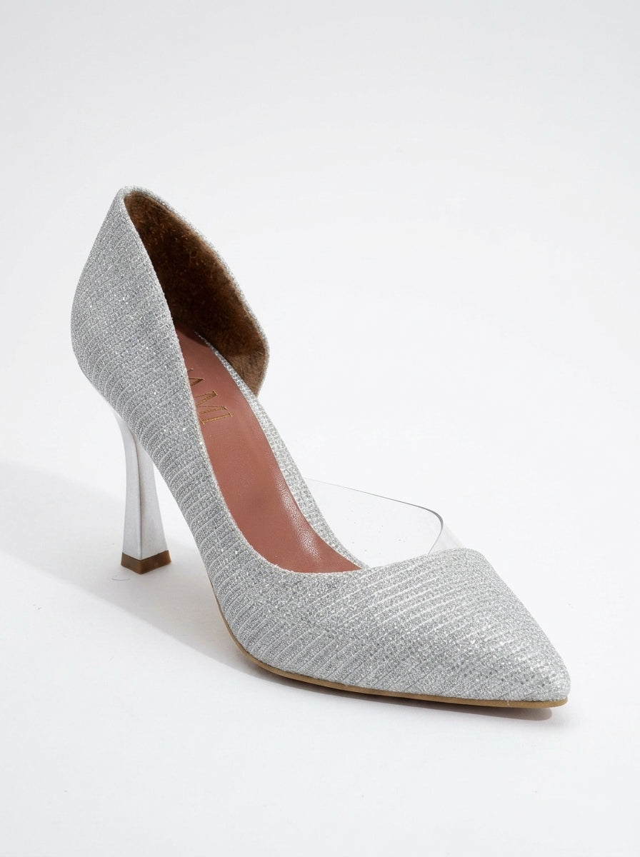 Ursula - Zapatilla de Tacón con Brillo Plateado y Punta Fina (Mujer)