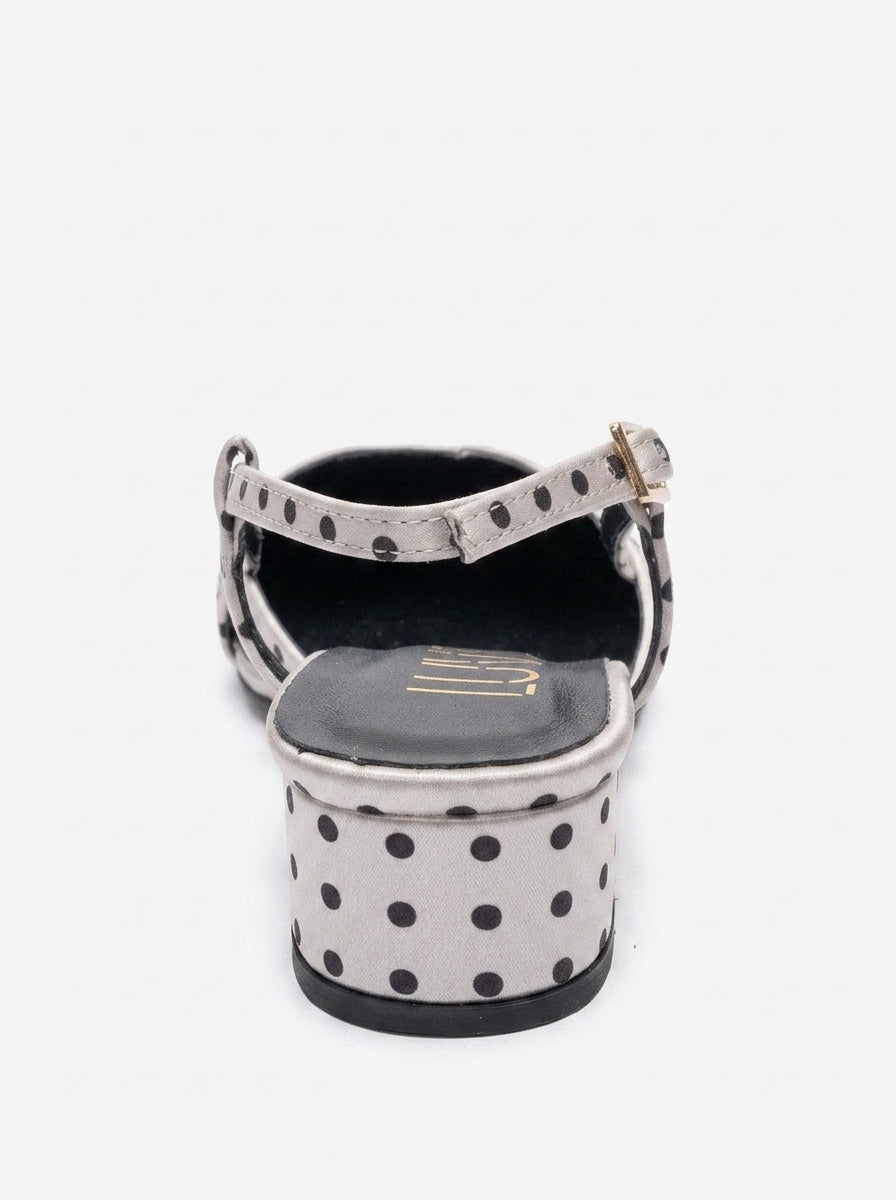 OLENA - White Black Polka Dot Genuine Leather Low Block Heel Sandal (Women)