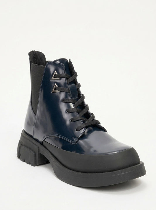 Challo - Navy Patent Elastic Combat Boot (Women)