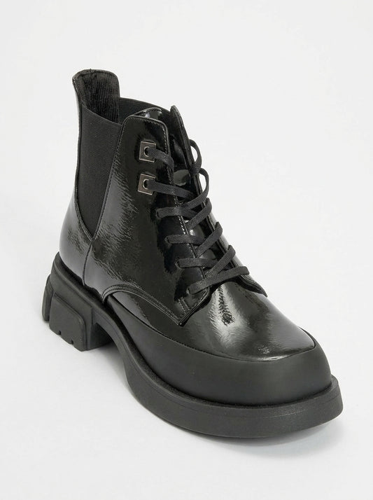 Challo - Black Patent Elastic Combat Boot (Women)