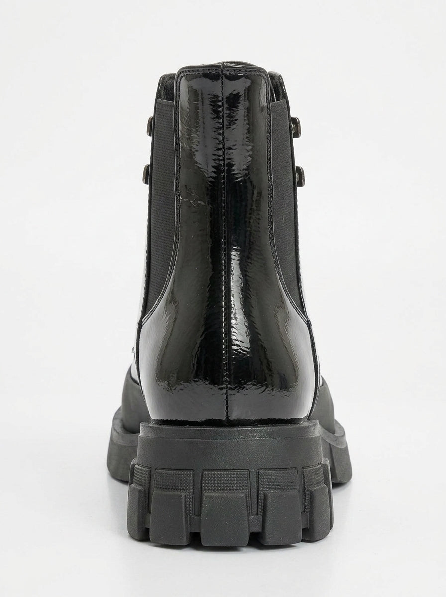 Challo - Bota de combate elástica de charol negro (Mujer)