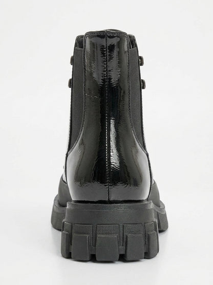 Challo - Bota de combate elástica de charol negro (Mujer)