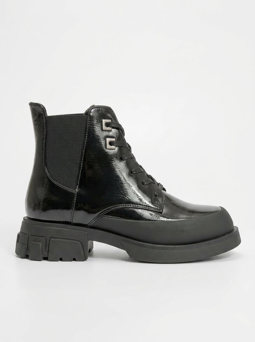 Challo - Bota de combate elástica de charol negro (Mujer)