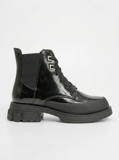 Challo - Bota de combate elástica de charol negro (Mujer)