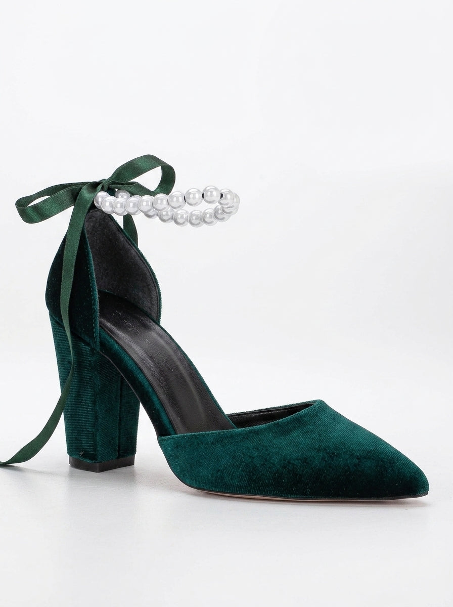 Agnes - Emerald Green Velvet Pearl Heels