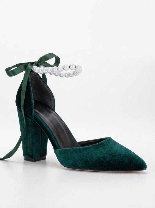 Agnes - Emerald Green Velvet Pearl Heels