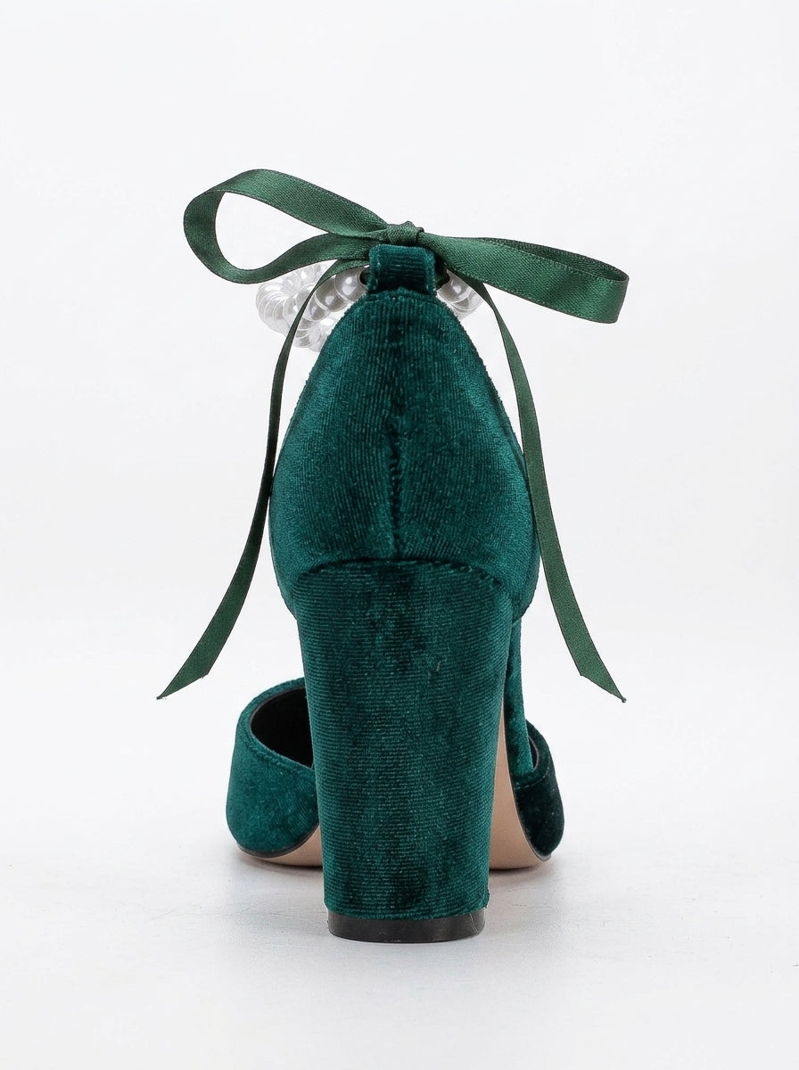 Agnes - Emerald Green Velvet Pearl Heels