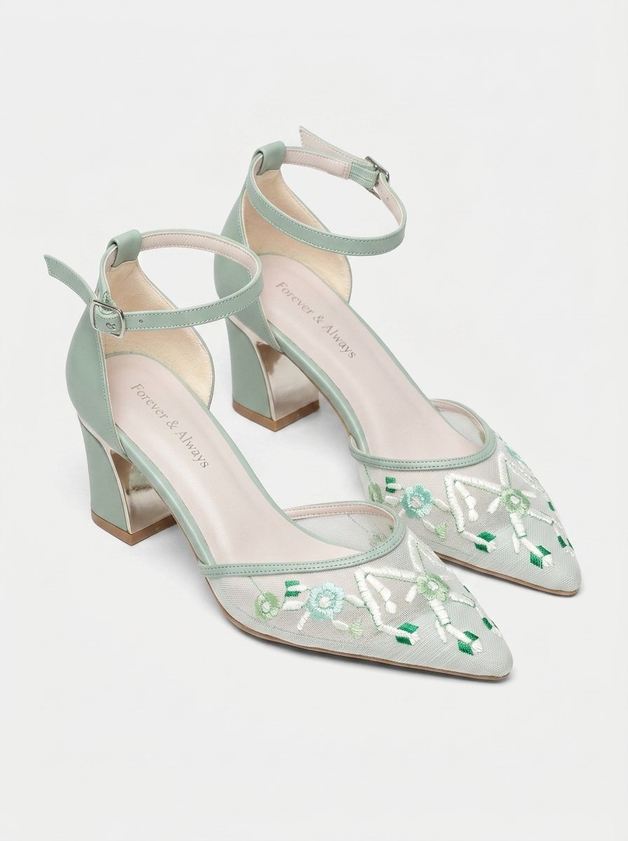 Lorelai Sage Green Embroidered Mesh Bridal Pumps
