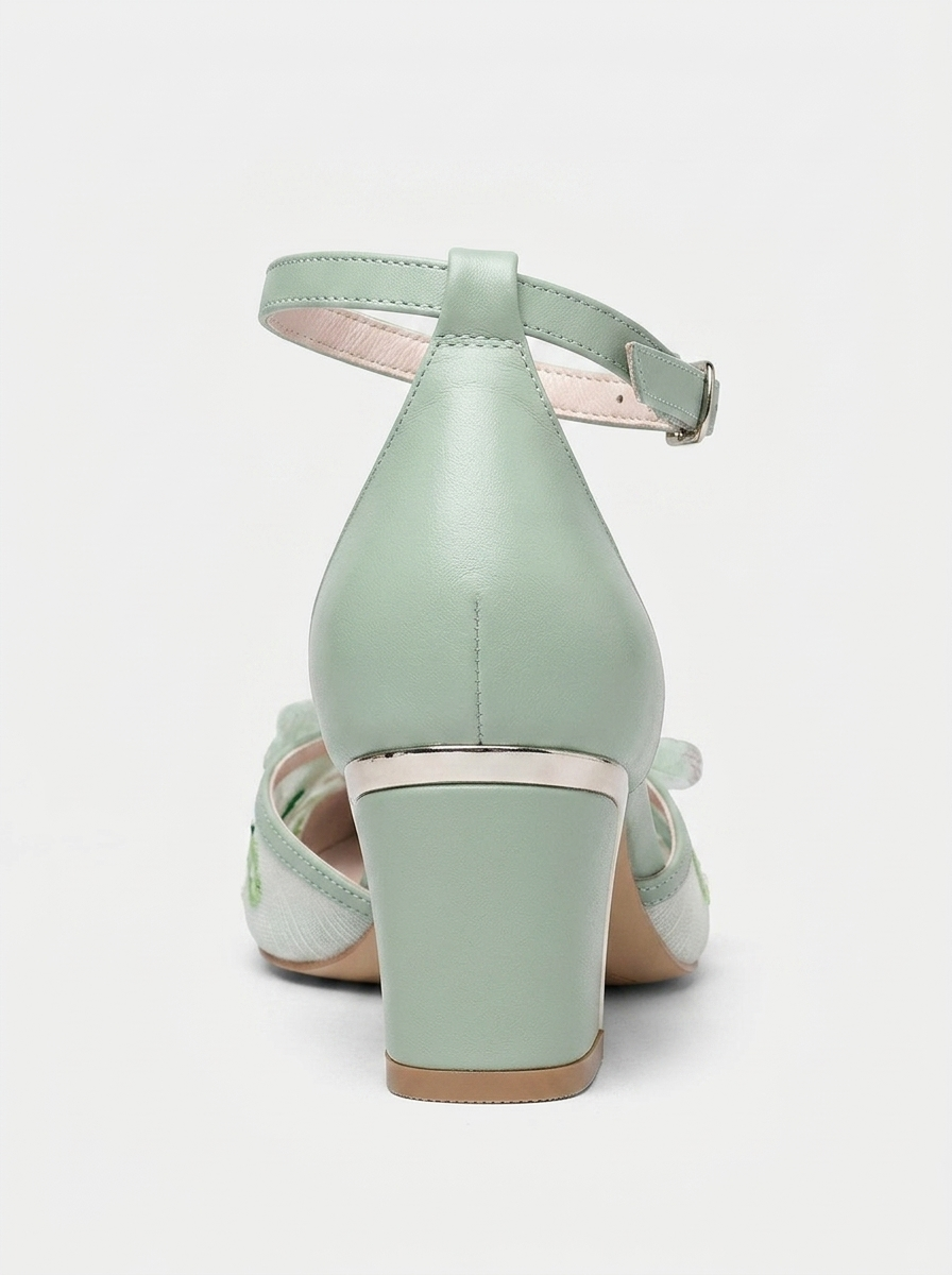 Iry Sage Green Butterfly Embroidered Mesh Bridal Pumps