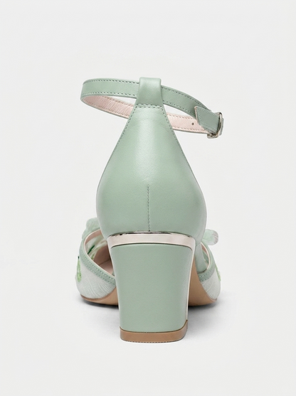 Iry Sage Green Butterfly Embroidered Mesh Bridal Pumps