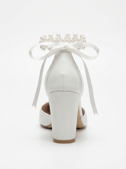 Zia Pearl Ribbon Block Heel Bridal Pumps