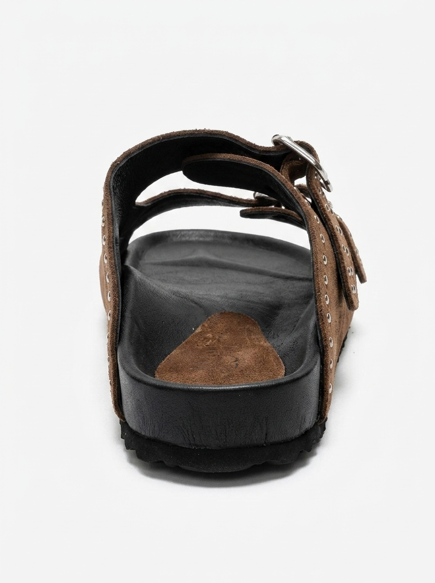 AVENELLE - Taupe Suede Genuine Leather Double-Band Studded Slide (Women)
