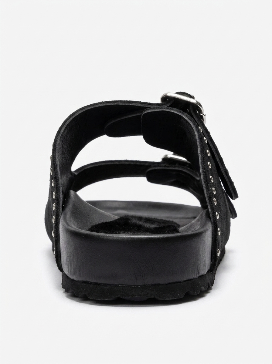 AVENELLE - Black Suede Genuine Leather Double-Band Studded Slide (Women)