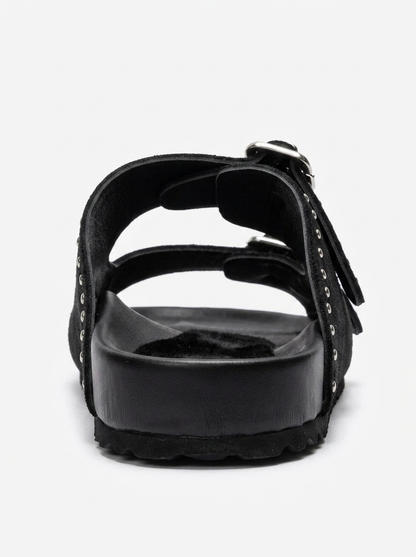 AVENELLE - Black Suede Genuine Leather Double-Band Studded Slide (Women)