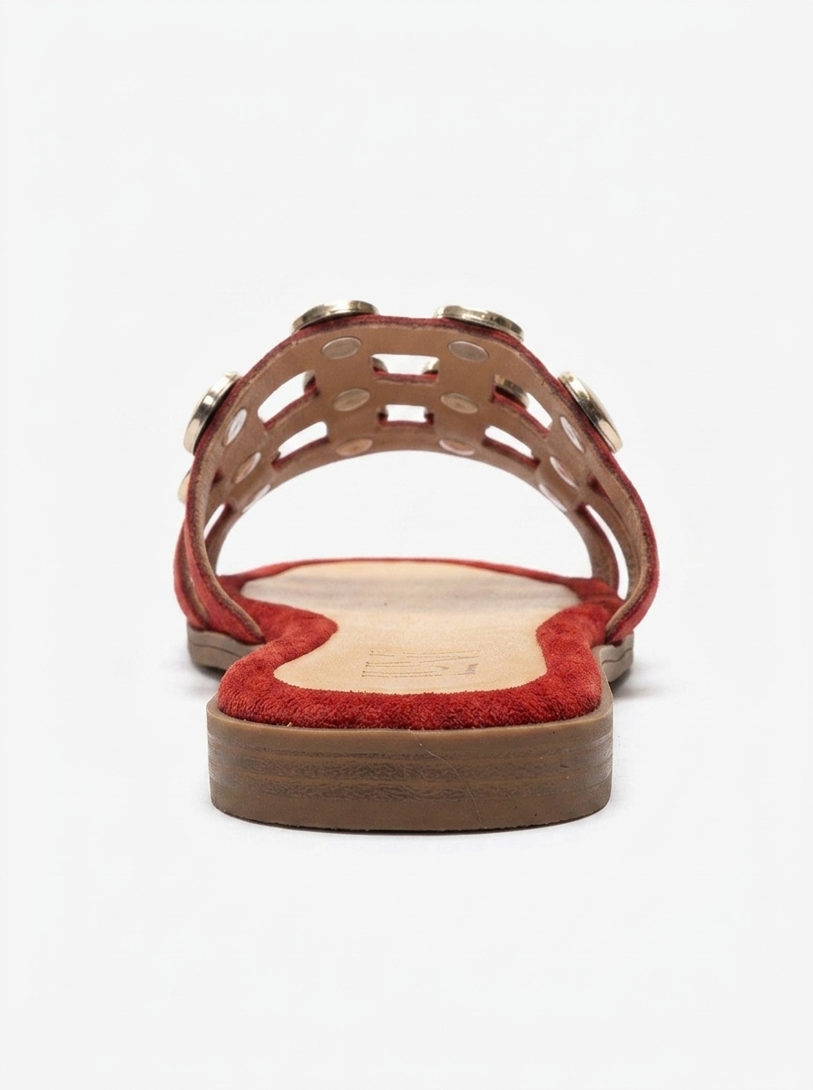 BAREON - Red Genuine Leather Slide With Gold Buckle (Women)