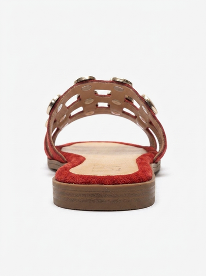 BAREON - Red Genuine Leather Slide With Gold Buckle (Women)